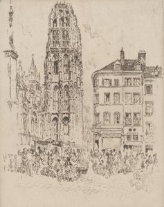 Blomstermarknad och smörtorn, Rouen, 1907. av Joseph Pennell