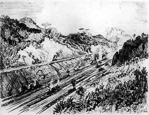 In the Cut at Las Cascades, plåt XII från Panamakanalen av Joseph Pennell, 1912 (kol på papper)