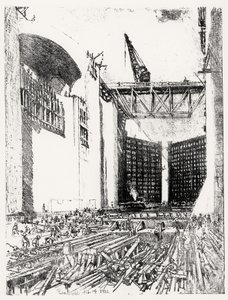 Att lägga golvet: Pedro Miguel Lock, skylt XVIII från Panamakanalen av Joseph Pennell, 14 februari 1912 (kol) av Joseph Pennell