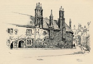 Old Charterhouse: Exteriör fasad av Washhouse Court, med den inre porten, 1886 av Joseph Pennell