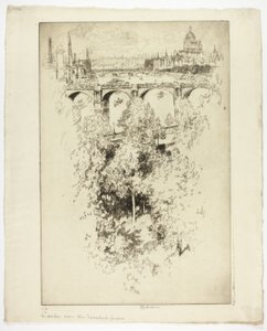Över Waterloo Bridge, kyrka och arbete av Joseph Pennell