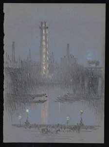 Shot Tower med nattljus, från Embankment av Joseph Pennell