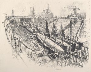 Ubåtar i torrdocka av Joseph Pennell