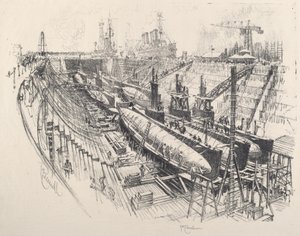 Ubåtar i torrdocka av Joseph Pennell