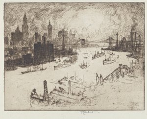 Solnedgång, från Williamsburg Bridge av Joseph Pennell