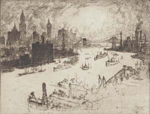 Solnedgång, från Williamsburg Bridge, 1915. av Joseph Pennell