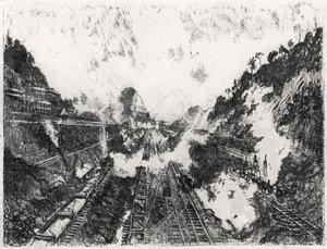 Snittet ser mot Ancon Hill, plåt XVII från Panamakanalen av Joseph Pennell, 1912 (kol på papper) av Joseph Pennell