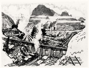 The Cut at Paraiso, plåt XVI från Panamakanalen av Joseph Pennell, 1912 (kol på papper) av Joseph Pennell