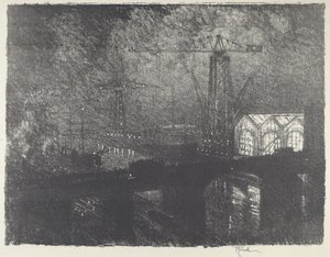 Butikerna på natten, byte av skift, 1916. av Joseph Pennell