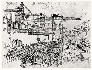 The Walls of Miraflores Lock, skylt XXIII från Panamakanalen av Joseph Pennell, 1912 (kol på papper) av Joseph Pennell