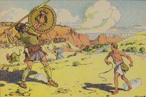 David och Goliat (färglitografi) av Joseph Porphyre Pinchon