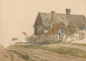 Bondgård med figurer vid dörr och fönster