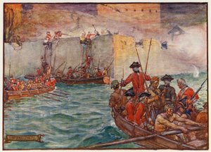 Amiral Edward Vernon leder en attack under kriget om Jenkins öra (färglitografi)