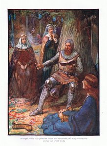 På natten när de samlades runt eldarna, läste kungen berättelser ur gamla böcker., 1910 av Joseph Ratcliffe Skelton