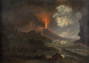 Vesuvius utbrott på natten med utsikt över Scuola di Virgilio