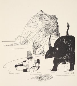Parsee börjar äta sin kaka på den obebodda ön, illustration från "Just So Stories for Little Children" av Rudyard Kipling, pub. London, 1951