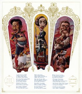 Karikatyrer: Meiji-kejsaren av Japan; Maurice Barres, fransk författare och nationalistisk politiker; Jean Jaures, fransk politiker (färg litho)