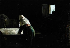 A Woman Washing (olja på panel) av Joseph Stella