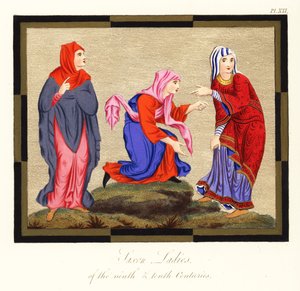 Anglosaxiska dräkter för kvinnor, 800- och 900-talet, 1854 (gravyr)