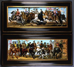Ett par keramikväggplattor, föreställande medeltida scener av jägare med hundar av Joseph Theodore Deck