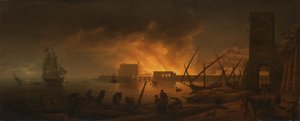 Brand i en hamnstad på natten, 1748