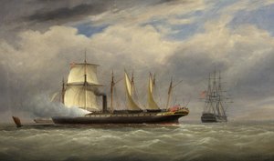 SS "Storbritannien" under ånga och segel, hälsar ett krigsskepp