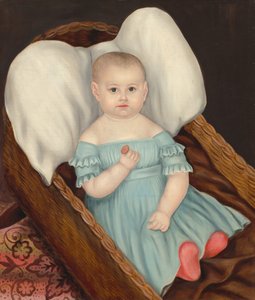 Baby i flätad korg, ca. 1840.