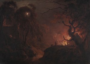 Stuga i brand på natten av Joseph Wright of Derby