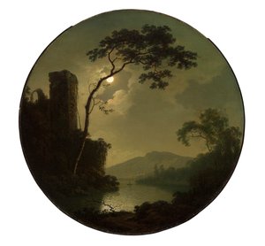 Sjön med slottet på en kulle av Joseph Wright of Derby