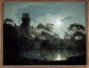 Månsken med sjö och slott Romantiskt nattlandskap. Målning av Joseph Wright från Derby (1734-1797) 1787 privat samling av Joseph Wright of Derby