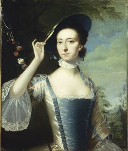 Porträtt av en dam vid en krans av blommor, i ett landskap av Joseph Wright of Derby