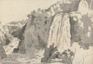 Stenigt landskap med vattenfall av Joseph Wright of Derby