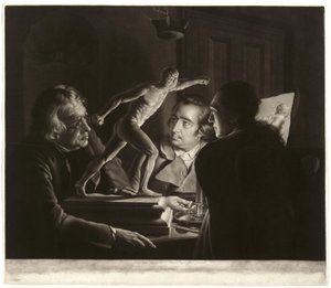 Tre personer som tittar på gladiatorn med levande ljus, graverad av William Pether, 1769 av Joseph Wright of Derby