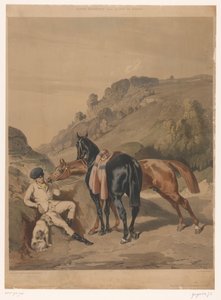 Två hästar med vilande ryttare i ett landskap Hästar efter Alfred de Dreux (serietitel) Motiv équestres d