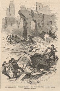 Arbetare som hämtar kassaskåp från ruinerna, illustration från Frank Leslies Illustrated Newspaper, 1871 av Joseph after Becker
