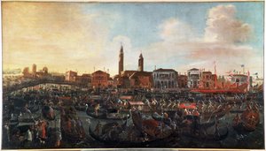 Freskens högtid”” på himmelsfärdsdagen i Murano, Venedig”” San Cipriano-klostret till höger och kyrkan Santo Stefano i mitten, försvann idag (Feskmåltidens högtid på Kristi himmelsfärdsdagen i Murano Island, Venedig) Målning av Jo av Joseph the younger Heintz