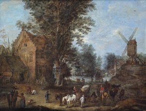 En byscen med resenärer och vagnsmän och många andra figurer vid sina dagliga aktiviteter av Joseph van Bredael