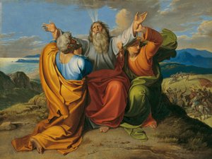 Moses ber med Aron och Hur på berget Horeb
