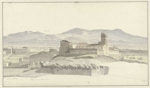 Caracalla-baden i Rom, med Frascati i fjärran De Thermen van Caracalla, Rom, mötte de Porta Latina en in de verte Frascati