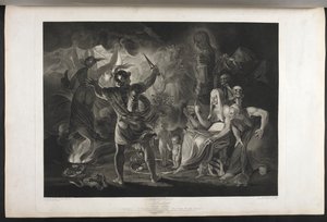 Macbeth.
Akt IV. Scen I.
En mörk grotta. I mitten en kittel som kokar. Tre häxor. Macbeth. Hekate.
Macbeth står inför häxorna och uppenbarelserna; vid hans fötter, inuti en slingrande orm, står ett litet blodigt barn och ett barn som bär en krona och hå