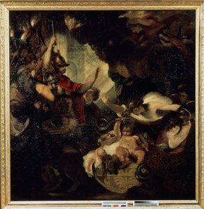 Spädbarnet Herkules stryper ormarna. Bland karaktärerna representerade: siaren Tiresias (vänster) och gudinnan Juno (Hera) med påfåglar (överst till höger). Målning av Sir Joshua Reynolds (1732-1792)