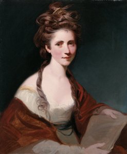 Porträtt av Angelica Kauffmann, halvlängd i vitt iklädd röd sjal av Joshua Reynolds