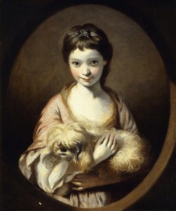 Porträtt av fröken Emilia Vansittart, halvlångt, iklädd en rosa och vit klänning som håller i en hund, ca 1767-68 av Joshua Reynolds