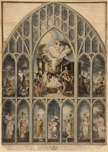 Reynoldsfönstret som visar de sju dygderna (handfärgad gravyr) av Joshua Reynolds