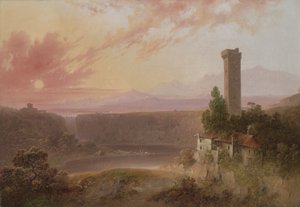 Utsikt över sjön Nemi vid solnedgången, ca 1840-50