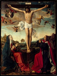 Golgata. Korsfästelse med Jungfru Maria och Sankt Johannes vid korsets fot. Inskriptionen "" INRI"" på korset. Målning av mästaren i San Sebastian eller Josse Lieferinxe (aktiv från 1493 till 1505)