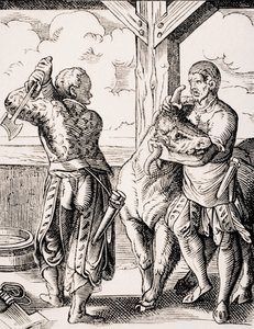 Slaktaren och hans assistent, reproduktion av en gravyr från 1500-talet av Jost Amman (1539-91) från 