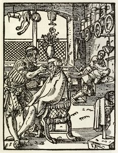 Barberarna från en serie som skildrar yrken och yrken publicerad först i Das Ständebuch 1568 i Frankfurt, Tyskland av Jost Amman