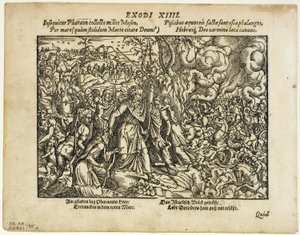 Röda havets passage (recto) och Jakobs begravning (verso) från Neuwe Biblische Figuren, plåt 48 från träsnitt från XVI-talets böcker av Jost Amman