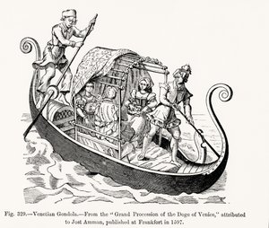 Venetiansk gondol, från Grand Procession of the Doge of Venice, illustration från vetenskap och litteratur under medeltiden och renässansen, skriven och graverad av Paul Lacroix, 1878 (